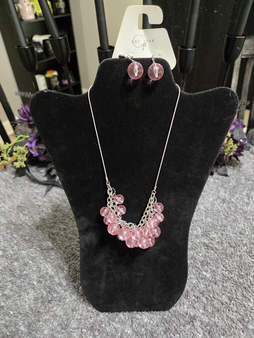 Cato Pink Beaded Cluster Necklace with Matching Drop Earrings